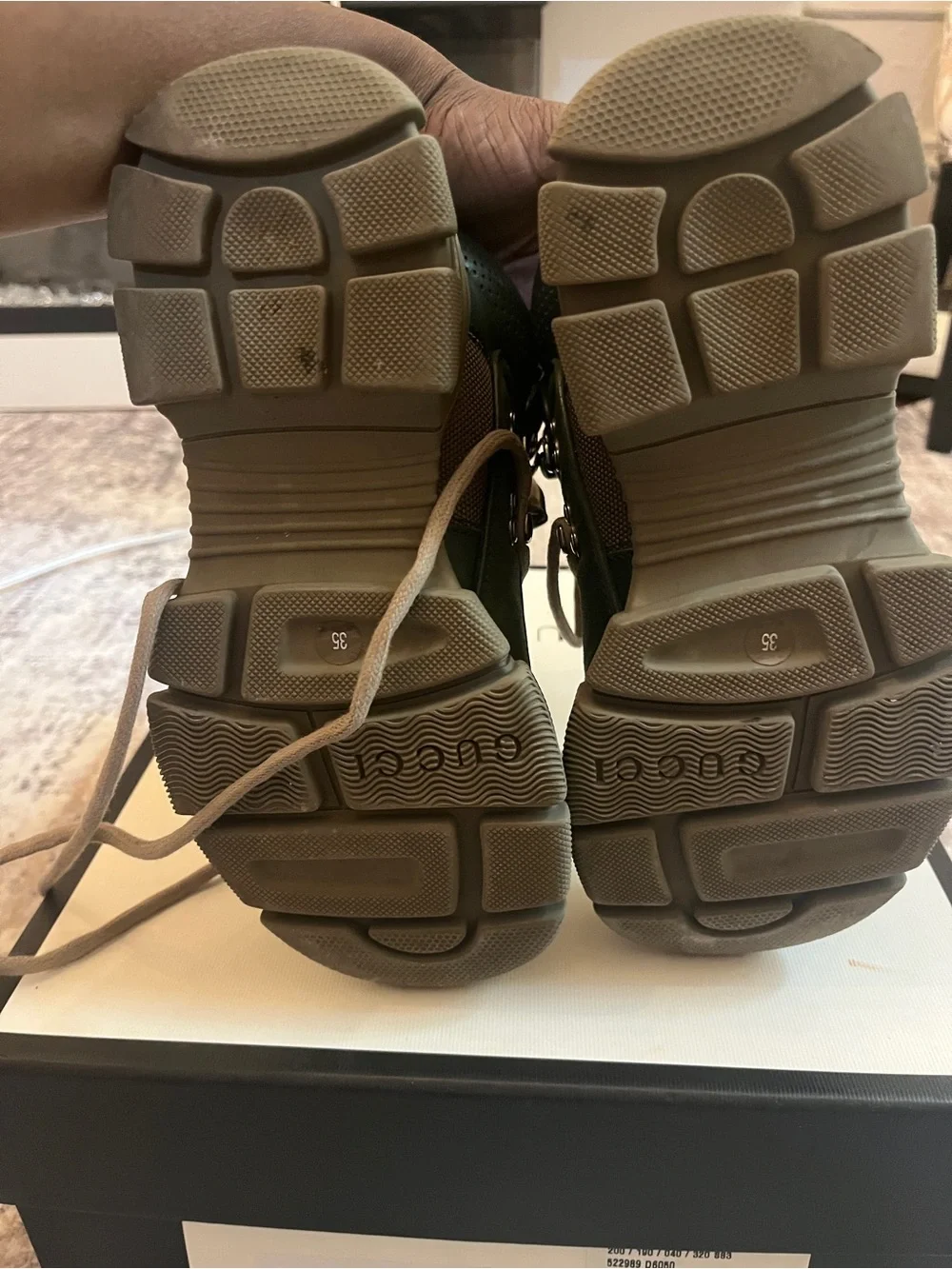 Gucci Men's Dark Green and Olive Hiking Boots with Yellow Logo